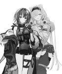  2girls :d animal_ears arknights aurora_(arknights) bare_shoulders bear_ears bear_girl bow breasts cleavage_cutout closed_mouth clothing_cutout collared_jacket detached_pants greyscale hair_between_eyes hair_bow hair_intakes hairband head_tilt highres hood hood_down hooded_jacket jacket la_pluma_(arknights) legs_apart looking_at_viewer medium_breasts monochrome multiple_girls off_shoulder open_clothes open_jacket open_mouth pelvic_curtain shirt short_hair shorts sidelocks sleeveless sleeveless_shirt sleeves_past_fingers sleeves_past_wrists smile thick_thighs thigh_gap thighs zerg_(z79438659) 