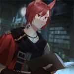  1boy black_scarf book braid brown_gloves final_fantasy final_fantasy_xiv fingerless_gloves g&#039;raha_tia gg_dal gloves holding holding_book indoors library male_focus miqo&#039;te neck_tattoo open_book parted_lips red_eyes redhead scarf solo tattoo 