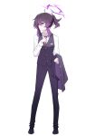  1girl absurdres black_footwear black_pants black_vest blue_archive breasts closed_mouth collared_shirt full_body hair_between_eyes halo haruka_(blue_archive) haruka_(suit)_(blue_archive) highres long_hair long_sleeves medium_breasts mmhomm necktie pants purple_hair purple_halo red_necktie shirt shoes simple_background solo vest violet_eyes white_background white_shirt 