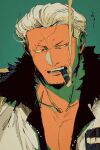  1boy cigar close-up green_background highres jacket kabane_(rjev8385) male_focus one_piece simple_background smoker_(one_piece) solo stitched_face stitches undercut white_hair white_jacket 