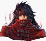  1boy belt_buckle black_hair buckle coat commentary commission covered_mouth cropped_torso final_fantasy final_fantasy_vii final_fantasy_vii_rebirth final_fantasy_vii_remake hair_between_eyes headband highres long_hair looking_at_viewer male_focus portrait red_coat red_eyes red_headband signature solo spiky_hair upper_body vincent_valentine watermark xriviia 