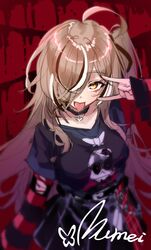  1girl absurdres black_choker black_hair black_ribbon black_shirt black_sweater brown_eyes brown_hair character_name choker hair_over_one_eye hair_ribbon highres hololive hololive_english ingyanggang jewelry lace-trimmed_choker lace_trim long_hair looking_at_viewer multicolored_hair nanashi_mumei nanashi_mumei_(4th_costume) necklace nightmare_(nanashi_mumei) official_alternate_costume one_side_up red_sweater ribbon shirt smile solo streaked_hair striped_clothes striped_sweater sweater sweater_under_shirt tongue tongue_out torn_clothes torn_sweater virtual_youtuber white_hair 