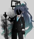  1girl absurdres aris_(blue_archive) blue_archive clenched_hand cosplay gloves halo highres holding holding_sword holding_weapon library_of_ruina mask necktie ponytail project_moon roland_(project_moon) roland_(project_moon)_(cosplay) sari_(zakura27502762) suit sword weapon 