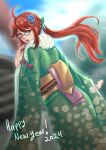  1girl 2024 ahoge english_text floral_print fur-trimmed_kimono fur_trim glasses green_kimono hair_ornament happy_new_year highres japanese_clothes kimono long_hair looking_at_viewer looking_back lorelei_(pokemon) new_year obi pokemon ponytail print_kimono red_eyes redhead rinku_bny sash signature solo wide_sleeves 