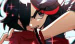  1girl black_eyes black_hair black_serafuku close-up fingerless_gloves gloves kill_la_kill looking_to_the_side matoi_ryuuko multicolored_hair nzeneee red_gloves redhead school_uniform senketsu serafuku short_hair solo sparkle streaked_hair teeth two-tone_hair 