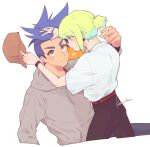  2boys androgynous artist_name baseball_cap belt black_pants blue_hair blush brown_hoodie collared_shirt commentary earrings from_behind galo_thymos green_hair hair_bun hand_in_another&#039;s_hair hat heart highres holding holding_clothes holding_hat hood hoodie jewelry kome_1022 lio_fotia looking_at_another looking_down looking_up male_focus mohawk multiple_boys nose_blush pants promare red_belt shirt short_hair short_sleeves sidelocks simple_background spiky_hair tight_clothes watch watch white_background 