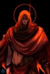  1boy armor black_background black_scales chainmail commentary elden_ring elden_ring:_shadow_of_the_erdtree english_commentary great_rune_(elden_ring) highres long_hair looking_at_viewer messmer_the_impaler midosakatrash midriff red_robe redhead robe rune scales signature simple_background single_vambrace slit_pupils solo vambraces yellow_eyes 