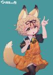  1girl absurdres animal_ear_fluff animal_ears arms_up bell black_bow blonde_hair borrowed_character bow brown_eyes collared_shirt commission cowboy_shot double_fox_shadow_puppet dress fox_ears fox_girl fox_shadow_puppet fox_tail green_background hair_between_eyes hair_bow highres komori-san looking_at_viewer neck_bell off-shoulder_dress off_shoulder original plaid plaid_dress puffy_sleeves rosia_san shirt short_hair signature skeb_commission solo standing tail tail_through_clothes thigh-highs zettai_ryouiki 