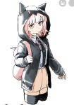  1girl animal_ears backpack bag black_shirt black_thighhighs brown_hair brown_skirt cropped_legs danganronpa_(series) danganronpa_2:_goodbye_despair fake_animal_ears highres hood hood_up hooded_jacket jacket long_sleeves medium_hair miniskirt nanami_chiaki pink_bag pink_eyes pio_(kari) pleated_skirt shirt skirt sleeves_past_wrists solo thigh-highs two-tone_shirt white_shirt zettai_ryouiki 