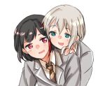 2girls aoba_moca bang_dream! black_hair blue_eyes blush lowres mitake_ran open_mouth satoshi_(peso727) simple_background sweatdrop white_background