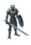  bionicle blue_eyes english_commentary extra_eyes glowing glowing_eyes highres holding holding_shield holding_sword holding_weapon kanohi_(bionicle) kopaka_(bionicle) kory_cromie loincloth looking_at_viewer redesign shield sword the_lego_group weapon 