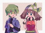  1boy 1girl bandana bare_shoulders black_shirt blue_eyes brown_hair drew_(pokemon) gloves green_bandana green_eyes green_hair hair_between_eyes index_finger_raised jacket looking_at_another may_(pokemon) mgomurainu open_mouth orange_shirt pointing pokemon pokemon_(anime) pokemon_dppt_(anime) pokemon_rse_(anime) purple_jacket shirt upper_body 