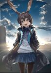  1girl :d amiya_(arknights) animal_ear_fluff animal_ears arknights arms_behind_back backlighting black_jacket blue_eyes blue_skirt blue_sky brown_hair chou_oji clouds commentary_request cowboy_shot dawn hair_between_eyes highres jacket long_hair long_sleeves looking_at_viewer open_clothes outdoors pantyhose plaid plaid_skirt rabbit_ears rabbit_girl shirt sidelocks skirt sky smile solo standing sunrise white_shirt 