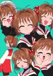  :3 blush brown_hair cardcaptor_sakura child closed_eyes excited hairband kinomoto_sakura mi_ni_mi_ni_ni open_mouth red_hairband sailor_collar school_uniform simple_background tomoeda_elementary_school_uniform variations white_headwear white_sailor_collar 