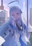  1girl absurdres blue_archive finger_to_mouth grey_hair halo headgear highres jacket long_hair long_sleeves looking_at_viewer mechanical_halo moca_suzuka noa_(blue_archive) smile solo very_long_hair violet_eyes white_jacket 