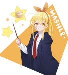  1girl black_robe blonde_hair collared_shirt cream_puff food lemon_irvine long_sleeves mashle necktie ptt red_necktie robe shirt smile solo star_(symbol) upper_body wand yellow_eyes 