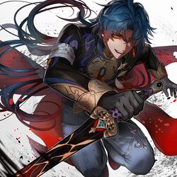  1boy absurdres bandaged_arm bandaged_hand bandages bandages_over_clothes black_gloves blade_(honkai:_star_rail) blue_hair chinese_clothes earrings eyes_visible_through_hair falling_petals floating_hair gloves glowing glowing_eyes hair_over_one_eye highres holding holding_sword holding_weapon honkai:_star_rail honkai_(series) jewelry kamino_eru long_hair long_sleeves looking_at_viewer male_focus mandarin_collar open_mouth pants parted_lips petals red_eyes red_footwear reverse_grip round_teeth single_glove smile sword teeth weapon 