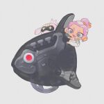 1girl agent_8_(splatoon) drone fang fish fish_skeleton grey_background grey_eyes jelleton non-humanoid_robot octoling octoling_girl octoling_player_character open_mouth panicking_alla_mambo pearl_(splatoon) pearl_drone_(splatoon) pink_hair red_eyes robot s_mame_31 short_hair simple_background smile splatoon_(series) splatoon_3 splatoon_3:_side_order tentacle_hair thick_eyebrows v-shaped_eyebrows