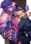  2boys armor black_headwear black_jacket black_pants blue_eyes chain clenched_teeth closed_mouth collarbone colored_skin commentary_request fingerless_gloves gakuran gloves hat_over_one_eye highres jacket jojo_no_kimyou_na_bouken kujo_jotaro looking_at_viewer male_focus multiple_boys muscular muscular_male one_eye_covered open_clothes open_jacket pants pauldrons pink_shirt purple_gloves purple_hair purple_skin school_uniform shikabane_(draw_tadao14) shirt short_hair shoulder_armor stand_(jojo) standing star_platinum stardust_crusaders teeth 