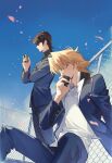  2boys blonde_hair blue_sky brown_hair chain-link_fence clouds commentary_request domino_high_school_uniform eating falling_petals fence food from_side highres holding holding_food inkerpape jacket jounouchi_katsuya kaiba_seto looking_at_object looking_at_viewer male_focus multiple_boys on_rooftop onigiri open_clothes open_jacket petals school_uniform shirt short_hair sitting sky standing white_shirt yellow_eyes yu-gi-oh! yu-gi-oh!_duel_monsters 