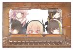  5girls absurdres black_hair blonde_hair brown_eyes brown_hair doughnut food girls_frontline headset heituitui highres looking_at_object m16a1_(girls&#039;_frontline) m4_sopmod_ii_(girls&#039;_frontline) m4a1_(girls&#039;_frontline) multicolored_eyes multicolored_hair multiple_girls oven pink_hair red_eyes ro635_(girls&#039;_frontline) st_ar-15_(girls&#039;_frontline) violet_eyes 