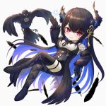  1girl asymmetrical_horns bird black_cape black_gloves black_hair black_thighhighs black_wings blue_hair cape colored_inner_hair crossed_legs crow demon_horns feathered_wings feathers fur-trimmed_sleeves fur_trim gloves highres hololive hololive_english horns long_hair looking_at_viewer mole mole_under_eye multicolored_hair nerissa_ravencroft nerissa_ravencroft_(1st_costume) red_eyes ruraji shadow_(nerissa_ravencroft) shirt smile thigh-highs thigh_strap very_long_hair virtual_youtuber white_background white_shirt wings 