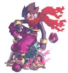  1boy absurdres biometal black_bodysuit bodysuit bodysuit_under_clothes crop_top floating highres iikoao looking_at_viewer mega_man_(series) mega_man_zx mega_man_zx_advent model_p_(mega_man) pants purple_hair purple_pants red_eyes red_scarf robot_ears scarf siarnaq_(mega_man) simple_background sitting torn_clothes torn_scarf white_background 