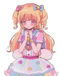  1girl blonde_hair blue_bow blush bow bracelet dress hair_bow hair_ornament hands_up hoshikuzu_(pinkholic) idol_clothes idol_time_pripara jewelry long_hair open_mouth pink_bow pink_dress pretty_series pripara ringlets sad short_sleeves simple_background solo standing star_(symbol) star_hair_ornament star_print tearing_up two_side_up violet_eyes white_background yumekawa_yui 