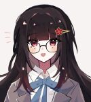  1girl :d blazer blue_ribbon blush brown_hair collared_shirt glasses grey_jacket hair_ornament hairclip highres honkai:_star_rail honkai_(series) jacket long_bangs long_hair looking_at_viewer neck_ribbon notice_lines open_clothes open_jacket open_mouth pink_eyes portrait ribbon school_uniform shirt simple_background smile solo sparkle_(honkai:_star_rail) straight-on straight_hair tyako_gsn white_background white_shirt 