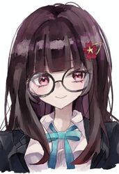  1girl ame_00531 black_jacket blazer blue_ribbon blunt_bangs blush brown_hair closed_mouth collared_shirt cropped_torso glasses hair_ornament hairclip honkai:_star_rail honkai_(series) jacket long_hair looking_at_viewer neck_ribbon open_clothes open_jacket pink_eyes ribbon round_eyewear shirt simple_background smile solo sparkle_(honkai:_star_rail) straight-on straight_hair white_background white_shirt 