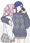 2girls annoyed argyle_clothes argyle_sweater arm_around_shoulder atenaba blue_eyes blue_hair braid colored_inner_hair commentary french_braid gradient_background grey_background grey_skirt grey_sweater hashtag_only_commentary highres holding holding_phone kaf_(kamitsubaki_studio) kamitsubaki_studio long_sleeves looking_at_another looking_at_viewer medium_hair multicolored_hair multiple_girls open_mouth phone pink_hair plaid plaid_skirt pleated_skirt ponytail redhead rim_(kamitsubaki_studio) skirt sweater talking_on_phone white_background white_sweater yellow_pupils yuri 