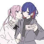  2girls atenaba black_ribbon black_sweater blue_eyes blue_hair cellphone collared_shirt colored_inner_hair commentary grey_jacket grey_shirt hair_ribbon hashtag_only_commentary highres holding holding_phone jacket kaf_(kamitsubaki_studio) kamitsubaki_studio locked_arms long_hair long_sleeves multicolored_hair multiple_girls neck_ribbon one_side_up parted_lips phone pink_hair redhead ribbon rim_(kamitsubaki_studio) shirt simple_background smartphone smile sweater turtleneck twintails white_background white_sweater yellow_pupils yuri 