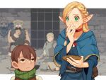  1girl 3boys beard black_hair blonde_hair blue_robe bowl braid brown_eyes brown_hair chilchuck_tims covering_own_mouth dungeon_meshi dwarf elf facial_hair ginji74 green_eyes halfling hand_over_own_mouth height_difference holding holding_bowl laios_thorden letterboxed light_blush long_hair looking_at_another marcille_donato multiple_boys mustache outside_border pointy_ears robe senshi_(dungeon_meshi) short_hair sweatdrop upper_body yellow_eyes 