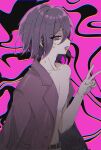  1boy coat coat_on_shoulders danganronpa_(series) danganronpa_v3:_killing_harmony hair_between_eyes highres hlt_in looking_at_viewer male_focus off_shoulder oma_kokichi open_mouth pants profile purple_coat purple_hair simple_background solo sweat upper_body v violet_eyes 