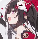  1girl :d bare_shoulders black_gloves bow brown_hair dress finger_to_own_chin fox_mask from_side gloves hair_between_eyes hair_bow heart honkai:_star_rail honkai_(series) kumiya long_hair looking_ahead mask mask_on_head open_mouth pink_eyes profile red_bow red_dress sidelocks simple_background sleeveless sleeveless_dress smile solo sparkle_(honkai:_star_rail) twintails white_background 