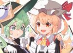  2girls absurdres apron ascot blonde_hair crystal_wings dress flandre_scarlet frilled_dress frills gloves green_eyes green_hair hat hat_ribbon highres komeiji_koishi maid_apron medium_hair mob_cap multiple_girls open_mouth red_eyes red_ribbon ribbon side_ponytail touhou upper_body white_gloves yellow_ascot yellow_ribbon ylong 