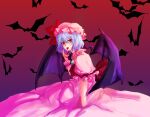  1girl amulet bat_wings blue_hair dress dress_ribbon hat hat_ribbon medium_hair mob_cap red_eyes remilia_scarlet ribbon shee_take short_sleeves solo touhou white_dress wings 