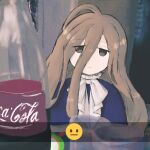  1girl :| absurdres ascot blue_capelet bottle brown_eyes brown_hair capelet closed_mouth coca-cola commentary emoji empty_eyes english_commentary expressionless hair_between_eyes highres iesonatana jitome long_hair looking_at_viewer sense_(sousou_no_frieren) sitting soda_bottle sousou_no_frieren upper_body very_long_hair white_ascot 