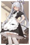  1girl absurdres alternate_costume apron black_dress black_ribbon black_tail blue_archive blush demon_tail dress enmaided feet_out_of_frame frilled_apron frills grey_hair hair_over_one_eye hair_ribbon halo highres iori_(blue_archive) long_hair maid maid_apron pointy_ears purple_halo red_eyes ribbon short_sleeves solo tail thigh-highs twintails white_apron white_thighhighs wrist_cuffs yukie_(kusaka_shi) 