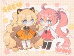  2girls :3 ahoge animal_ears black_necktie black_sailor_collar blonde_hair bloomers blue_eyes bright_pupils cat_ears character_name closed_mouth collared_dress deformed dress facial_mark fake_animal_ears frilled_sleeves frills grey_ribbon hair_between_eyes hair_ribbon heart heart-shaped_pupils hn_(artist) holding_hands long_hair long_sleeves looking_at_viewer multiple_girls necktie orange_dress orange_footwear pink_dress pink_hair ribbon sailor_collar seeu side_ponytail smile star-shaped_pupils star_(symbol) symbol-shaped_pupils thigh-highs under_night_in-birth uni_(vocaloid) very_long_hair vocaloid wavy_hair white_bloomers white_pupils white_ribbon white_thighhighs 