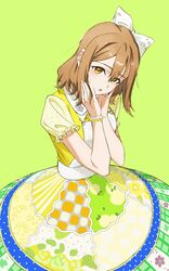  1girl :o absurdres bow bracelet brown_hair commentary dress green_background hair_between_eyes hair_bow hands_on_own_cheeks hands_on_own_face head_tilt highres jewelry koiori kunikida_hanamaru looking_at_viewer love_live! love_live!_sunshine!! medium_hair parted_lips puffy_short_sleeves puffy_sleeves short_sleeves sidelocks solo symbol-only_commentary upper_body white_bow yellow_dress yellow_eyes 