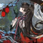  1boy animal_on_shoulder armlet ayn_alwyn bell black_gloves black_hair black_robe branch chinese_clothes claws closed_mouth dangle_earrings earrings elbow_gloves expressionless flower from_side gloves hair_between_eyes hand_up hanfu headband high_ponytail jewelry lantern long_hair looking_at_viewer lovebrush_chronicles male_focus necklace plunging_neckline profile red_eyes red_flower red_headband red_spider_lily robe scorpion sideways_glance sleeveless solo spider_lily tang_qi_zang upper_body 