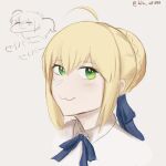  1girl artoria_pendragon_(fate) blonde_hair fate/stay_night fate_(series) green_eyes hair_ribbon highres non-web_source ribbon saber_(fate) shirt smile white_shirt 