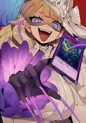  1girl blonde_hair blue_eyes breasts card diabellze_of_the_original_sin dress duel_monster eye_of_horus gloves hat highres large_breasts long_hair multicolored_hair open_mouth purple_hair ro_g_(oowack) smile solo streaked_hair violet_eyes waking_the_dragon white_dress witch_hat yu-gi-oh! 