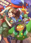  1girl :d absurdres backpack bag blush brown_eyes brown_hair clouds commentary_request eyelashes green_shirt green_shorts highres juliana_(pokemon) ogerpon open_mouth outdoors pokemon pokemon_(creature) pokemon_sv pon_yui ponytail quaquaval shirt short_sleeves shorts sinistcha sky smile standing teeth twilight upper_teeth_only 