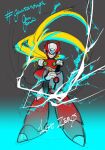  1boy arm_cannon artist_name blonde_hair character_name electricity forehead_jewel guutara helmet highres long_hair mega_man_(series) mega_man_x_(series) red_headwear simple_background sketch solo weapon zero_(mega_man) 