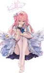  1girl angel_wings arm_rest blue_archive capelet closed_mouth dress feathered_wings flower frilled_dress frills full_body hair_bun hair_flower hair_ornament halo hand_on_own_face highres huuuuu_(ddakji79) long_hair looking_at_viewer low_wings medium_dress mika_(blue_archive) pantyhose pink_hair pink_halo side_up_bun simple_background single_side_bun sleeveless sleeveless_dress solo toes very_long_hair white_background white_capelet white_dress white_pantyhose wings yellow_eyes 