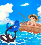  1boy animal black_eyes black_hair boat bojji brown_headwear closed_mouth clouds commentary_request day fish fishing_rod food hat highres holding holding_animal holding_fish kage_(ousama_ranking) looking_at_another male_focus ocean ousama_ranking outdoors popsicle shirt short_hair short_sleeves sun_hat waataaanaaaaabe water watercraft white_shirt 