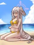  1girl barefoot beach bikini blue_archive breasts day full_body furrowed_brow hair_between_eyes halo head_wings highres long_hair looking_at_viewer outdoors red_eyes single_wing solo suzumi_(blue_archive) swimsuit uranium10 very_long_hair white_hair wings yellow_bikini 