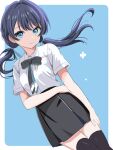  1girl arm_under_breasts black_skirt black_thighhighs blue_background blue_eyes blue_hair border collared_shirt commentary dutch_angle hair_flowing_over link!_like!_love_live! long_hair looking_at_viewer love_live! masaki_(masakinariya) murano_sayaka outside_border shirt short_sleeves sidelocks skirt solo standing thigh-highs twintails upper_body white_border white_shirt 